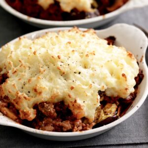 Beef and eggplant pies with parmesan and potato topping