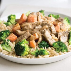 Beef satay with brown rice