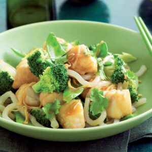 Honey-soy fish and noodle stir-fry