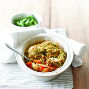 One-dish fish bake with potatoes and peppers