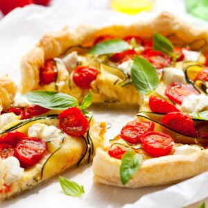 Tomato, parmesan and courgette quiche