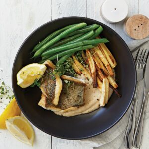 Lemon fish with butter bean mash and parsnip fries