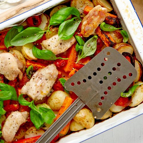 Chicken and new potato bake with summer herbs and yoghurt lemon dressing