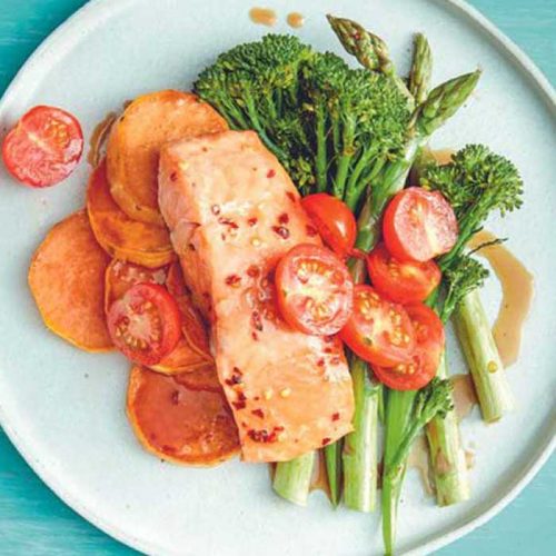 Baked chilli–lime salmon with sweet potato, broccolini and asparagus